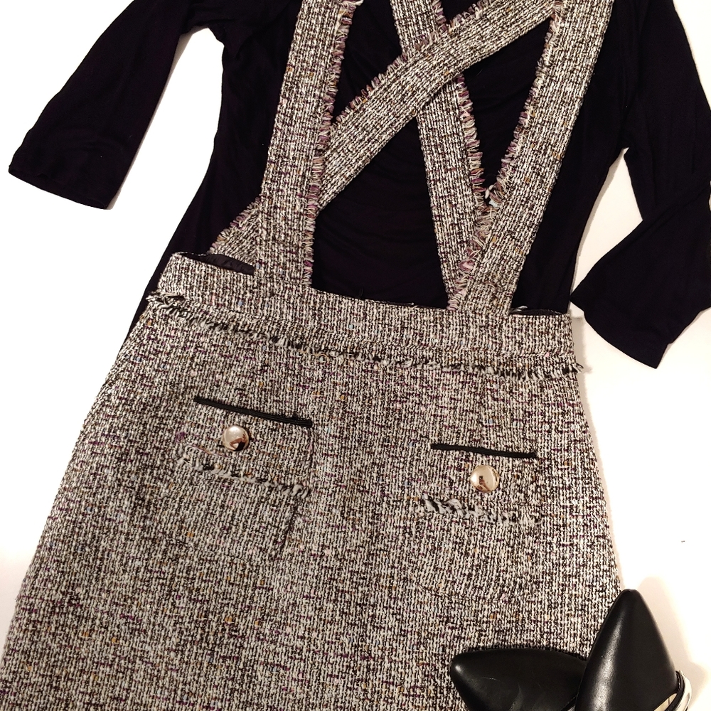 Tweed overall mini skirt.